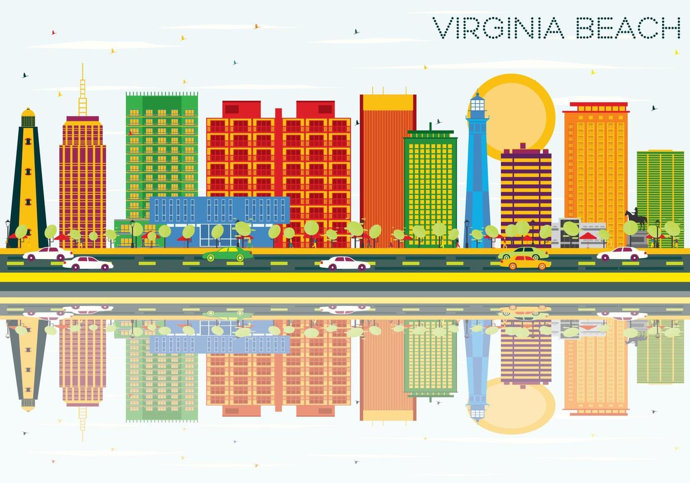 el horizonte de la playa de virginia con edificios de color, cielo azul y reflejos. vector