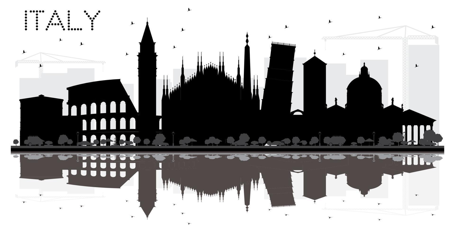 Italia horizonte silueta en blanco y negro con reflejos. vector