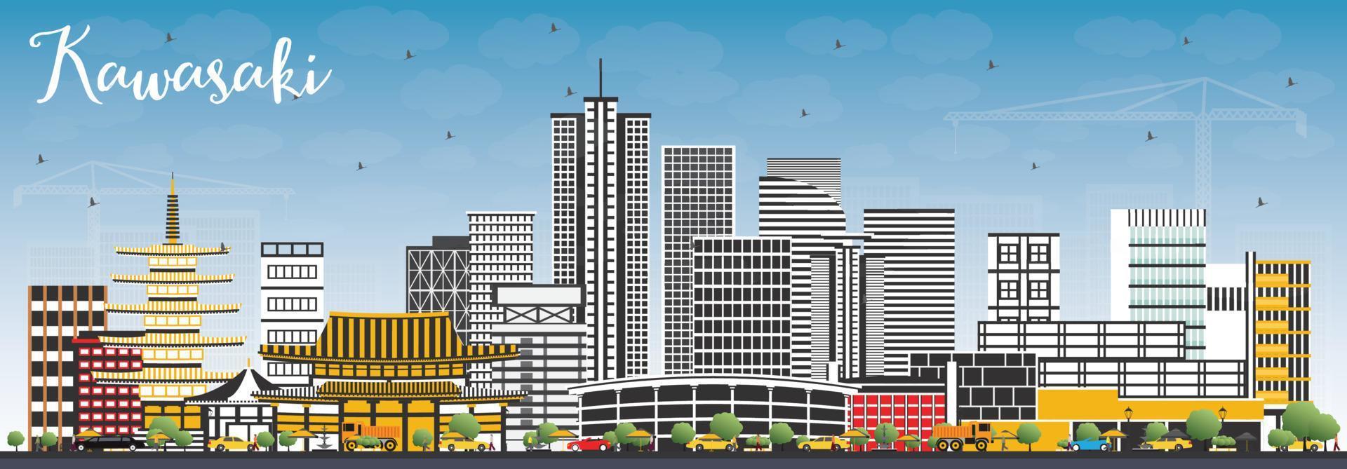 Kawasaki Japan City Skyline with Color Buildings and Blue Sky. vector