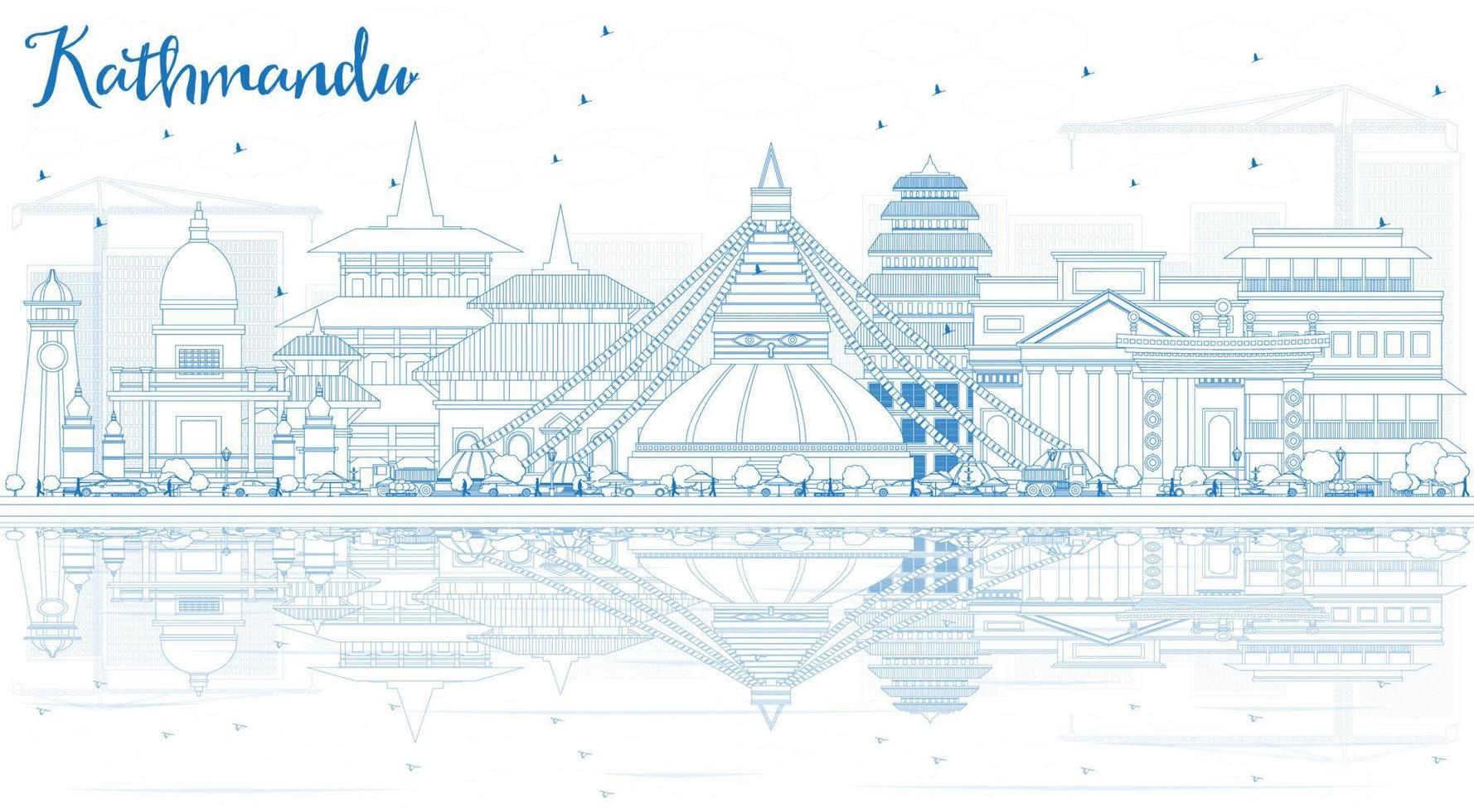 Outline Kathmandu Skyline with Blue Buildings and Reflections. vector
