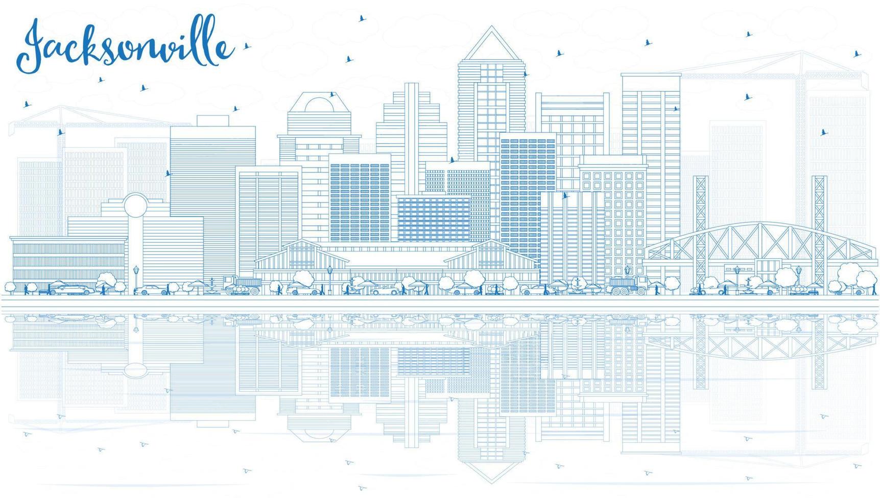 Outline Jacksonville Skyline with Blue Buildings and Reflections. vector