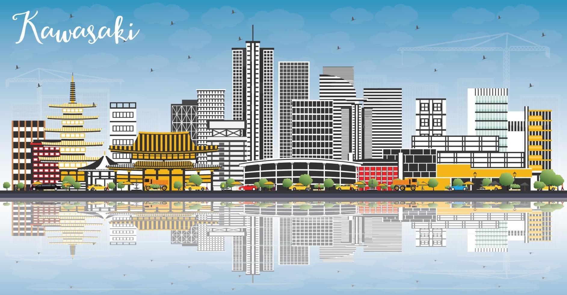 Kawasaki Japan City Skyline with Color Buildings, Blue Sky and Reflections. vector