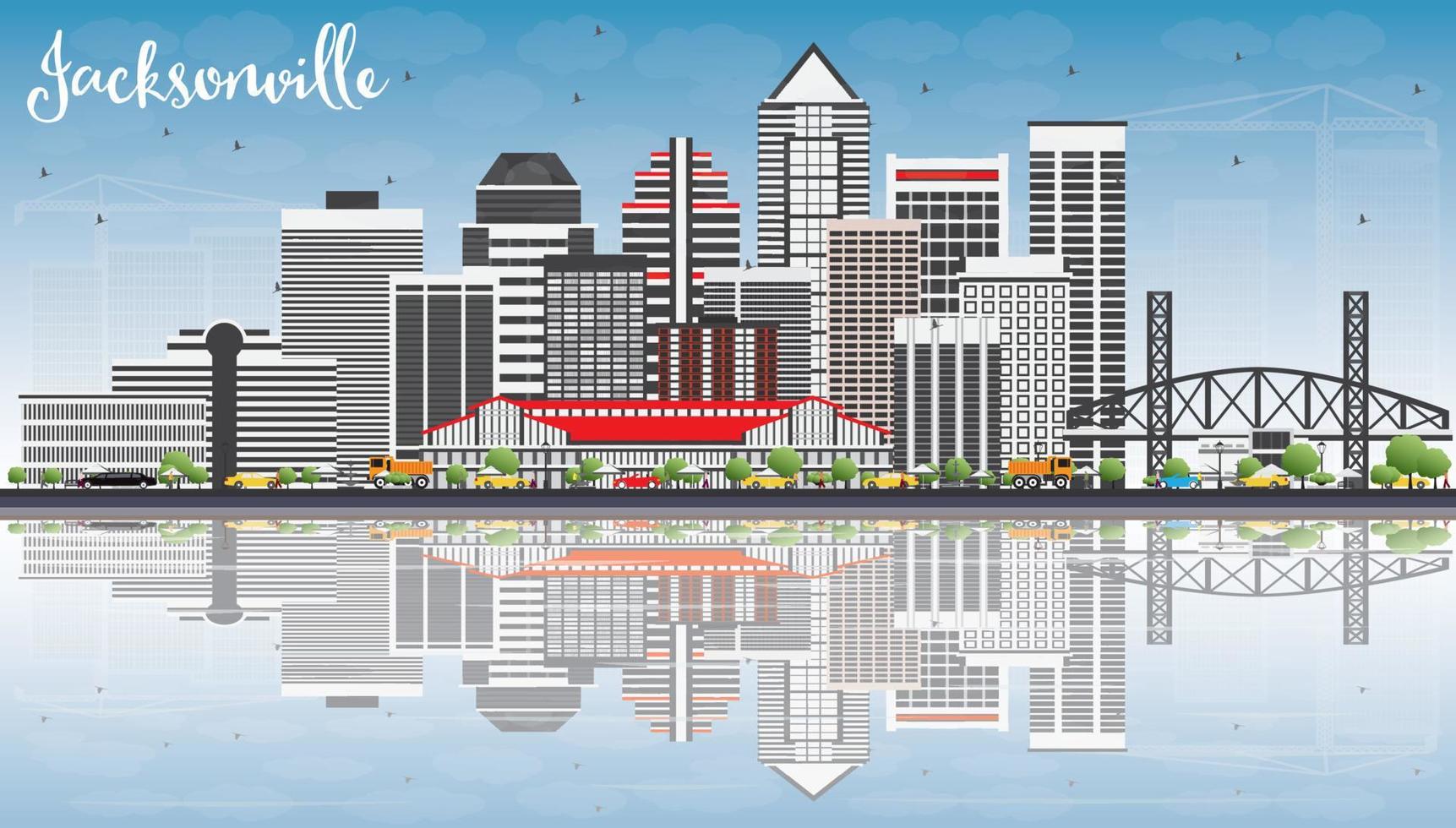 Jacksonville Skyline with Gray Buildings, Blue Sky and Reflections. vector