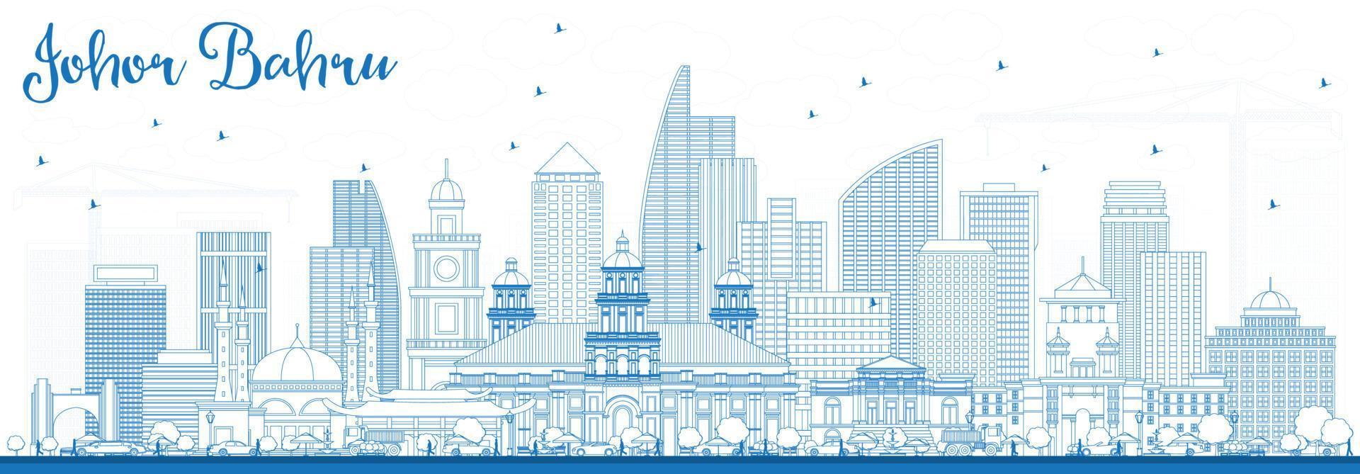 Outline Johor Bahru Malaysia Skyline with Blue Buildings. vector