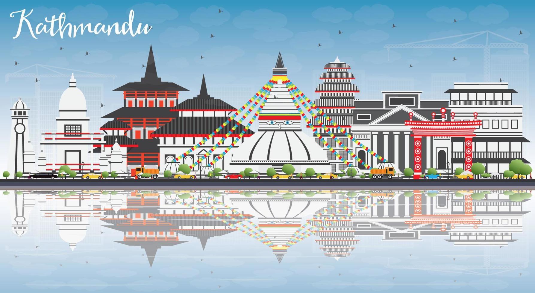 Kathmandu Skyline with Gray Buildings, Blue Sky and Reflections. vector