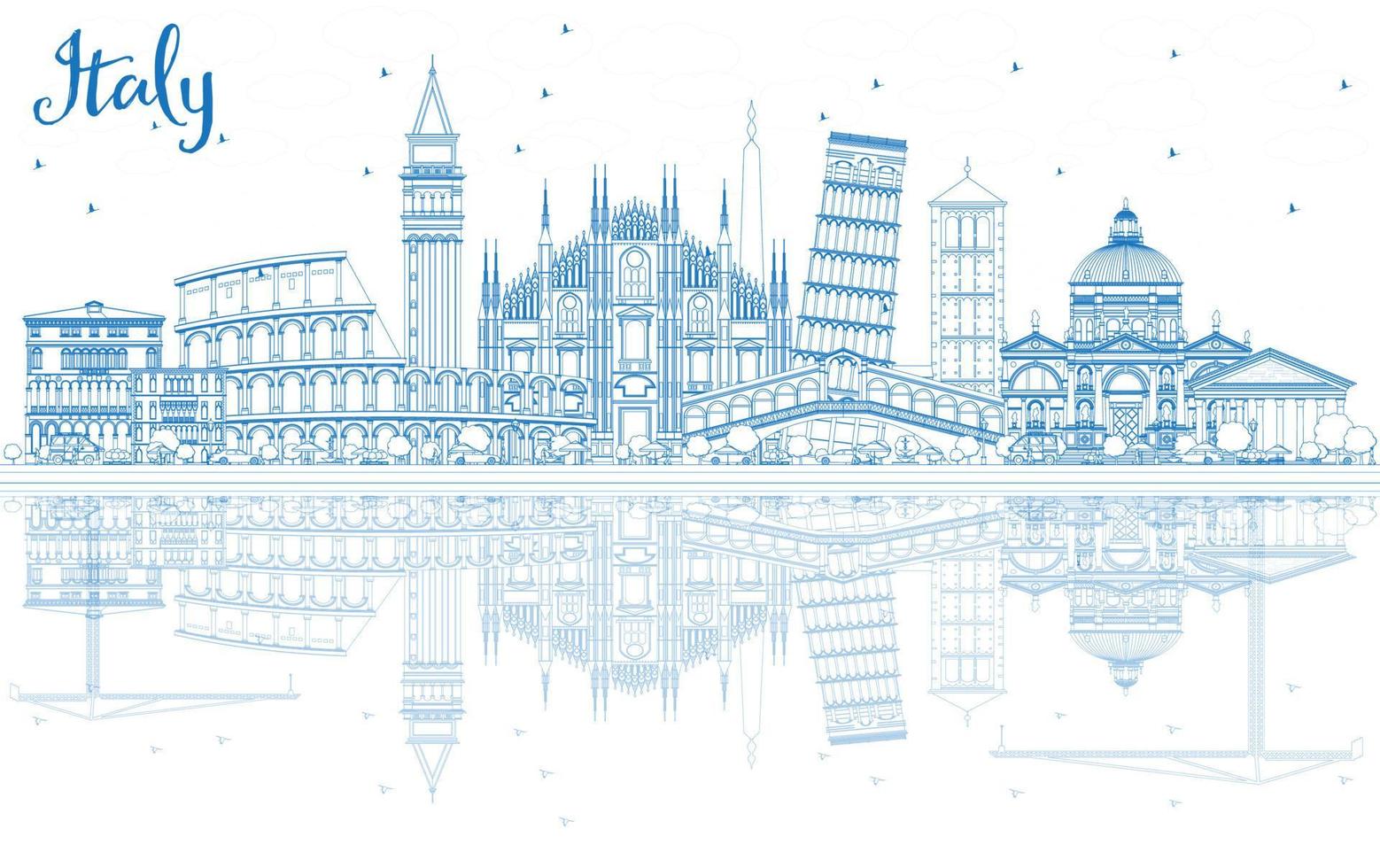 Outline Italy Skyline with Blue Landmarks and Reflections. vector