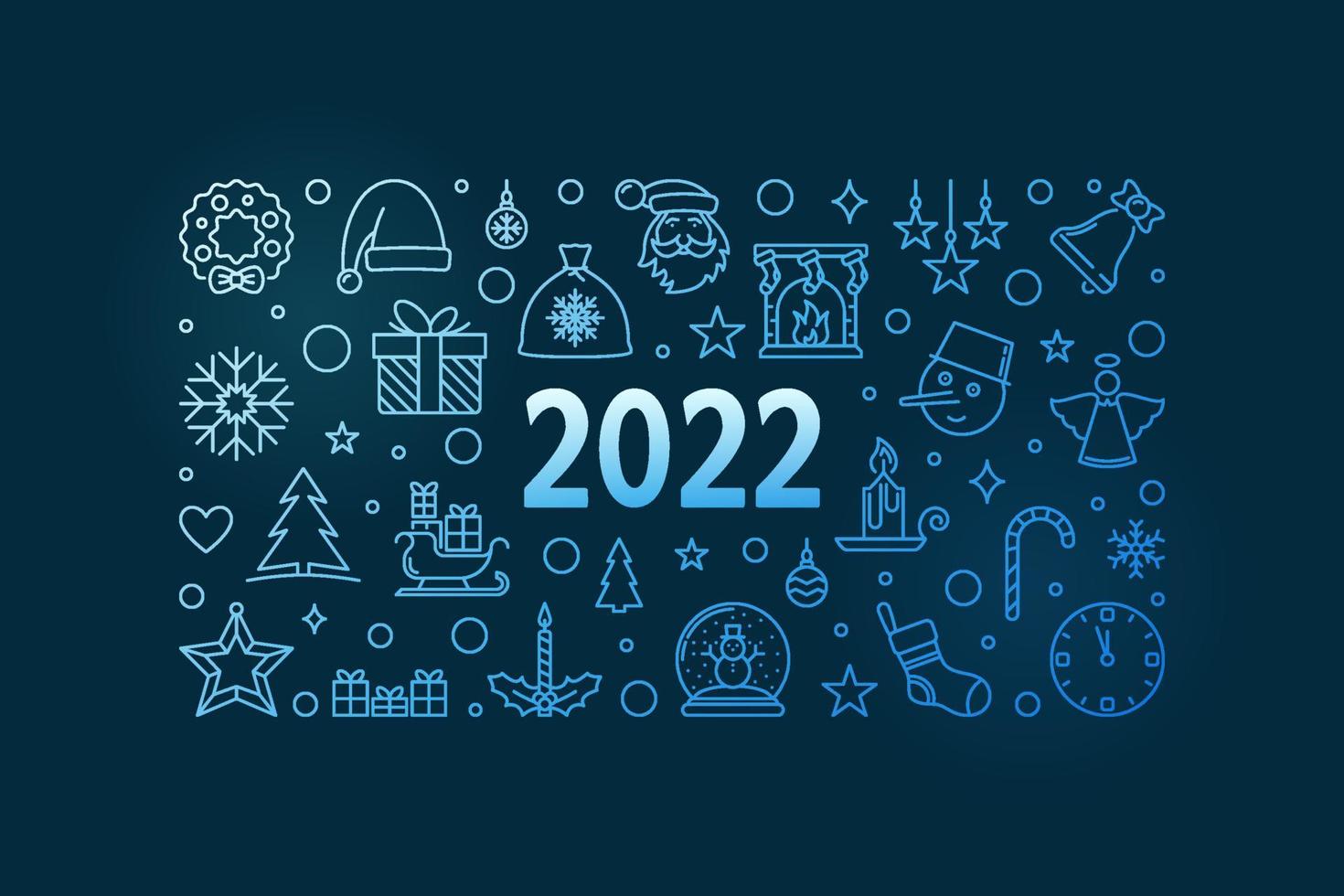 Merry Christmas 2022 outline blue festive horizontal design vector