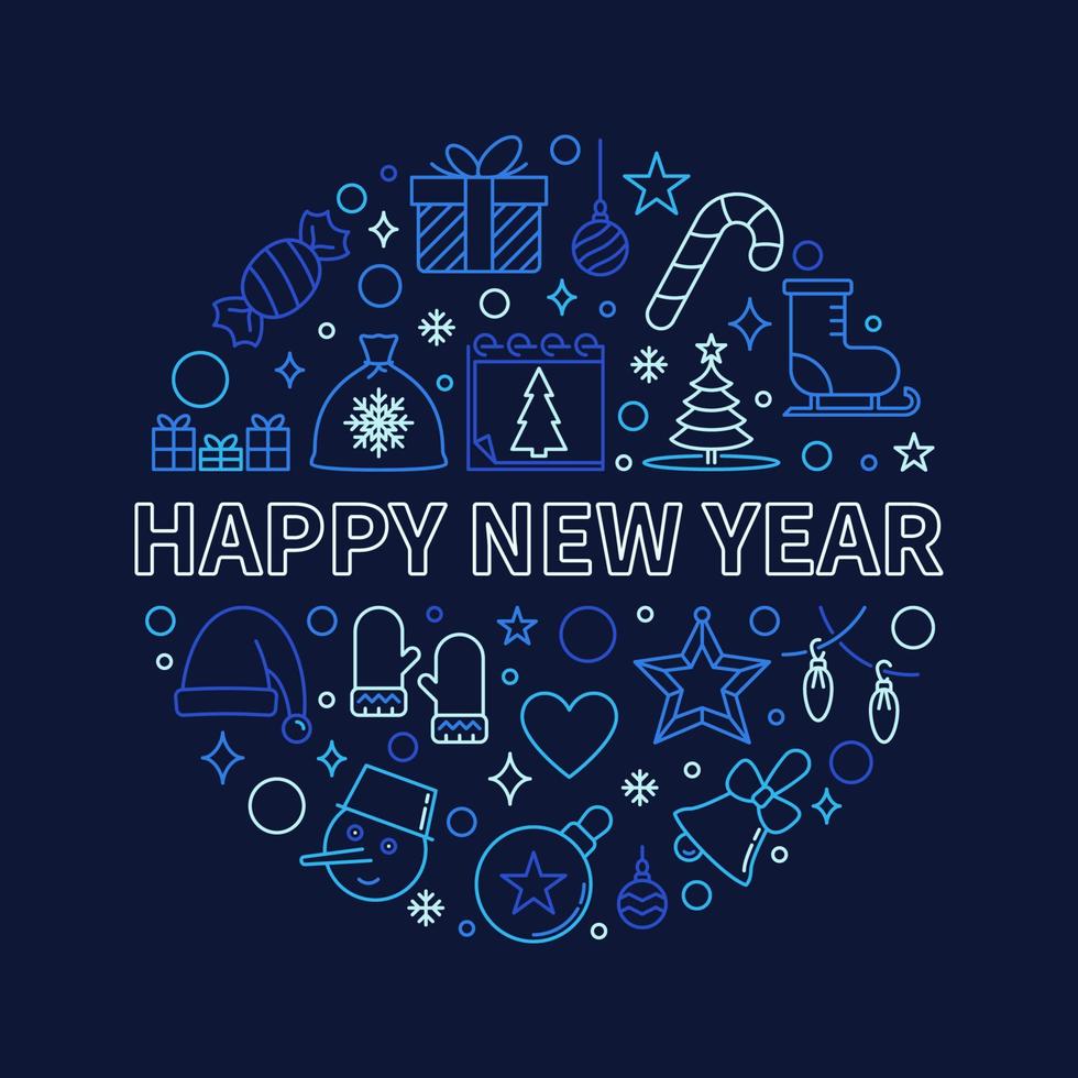 tarjeta de felicitación de feliz año nuevo con diseño azul de línea redonda vector