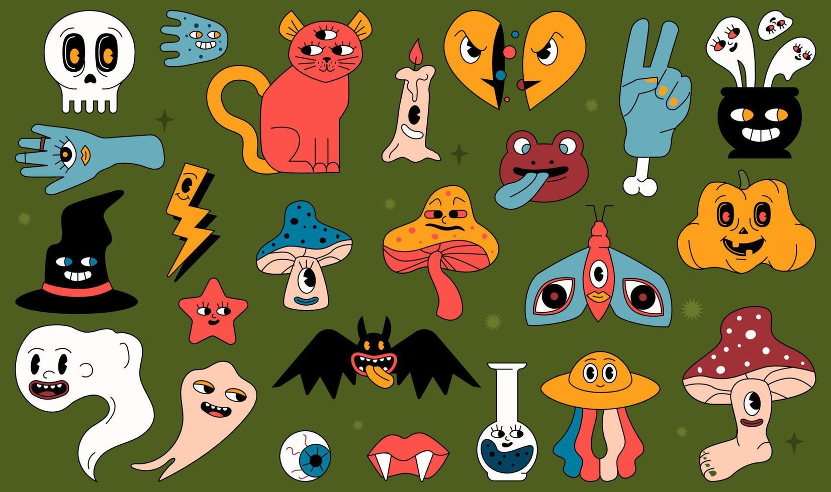 Retro old Cartoon Halloween character set. Groovy trippy creepy figures. vector