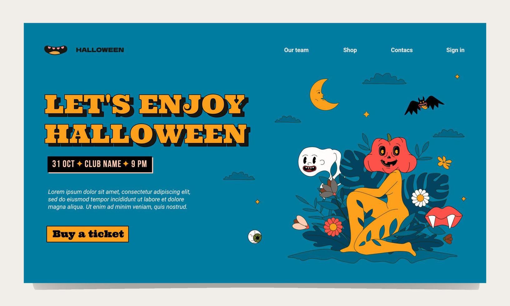 plantilla de página de inicio de halloween con una figura de una mujer con una calabaza en lugar de una cabeza en follaje, fantasmas y un murciélago. estilo delineado de moda. vector
