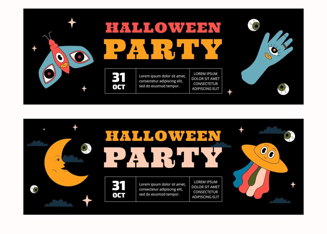 A set of two horizontal Halloween party banner templates. The design is in the style of groovy and old cartoon. vector