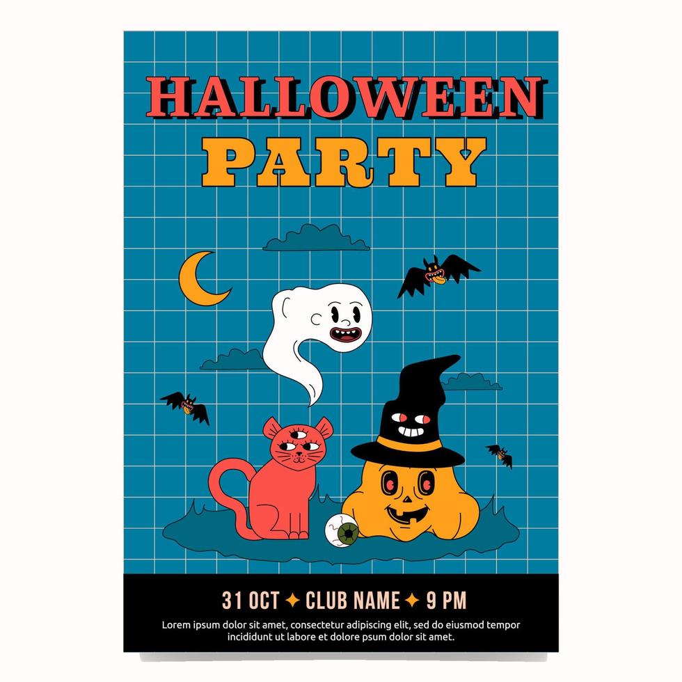 Trending groovy poster template for Halloween party. The design is stylized as cartoons of 1970s, 1960s. vector