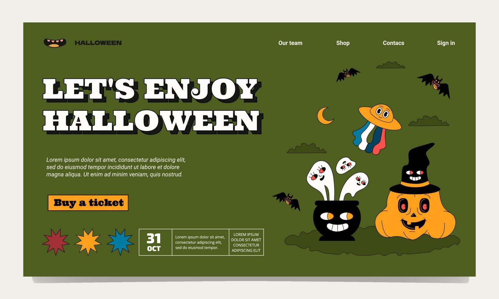 plantilla de página de destino nostálgica para una fiesta de halloween. diseño esbozado con calabaza, fantasmas, murciélagos y ovni. vector