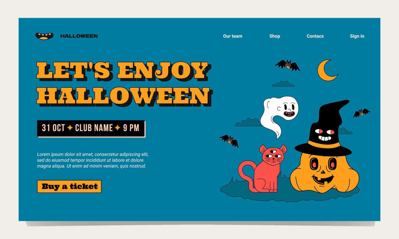 Trendy landing page template for a Halloween party. Outlined design with pumpkin, hat, bats, cat and moon. vector