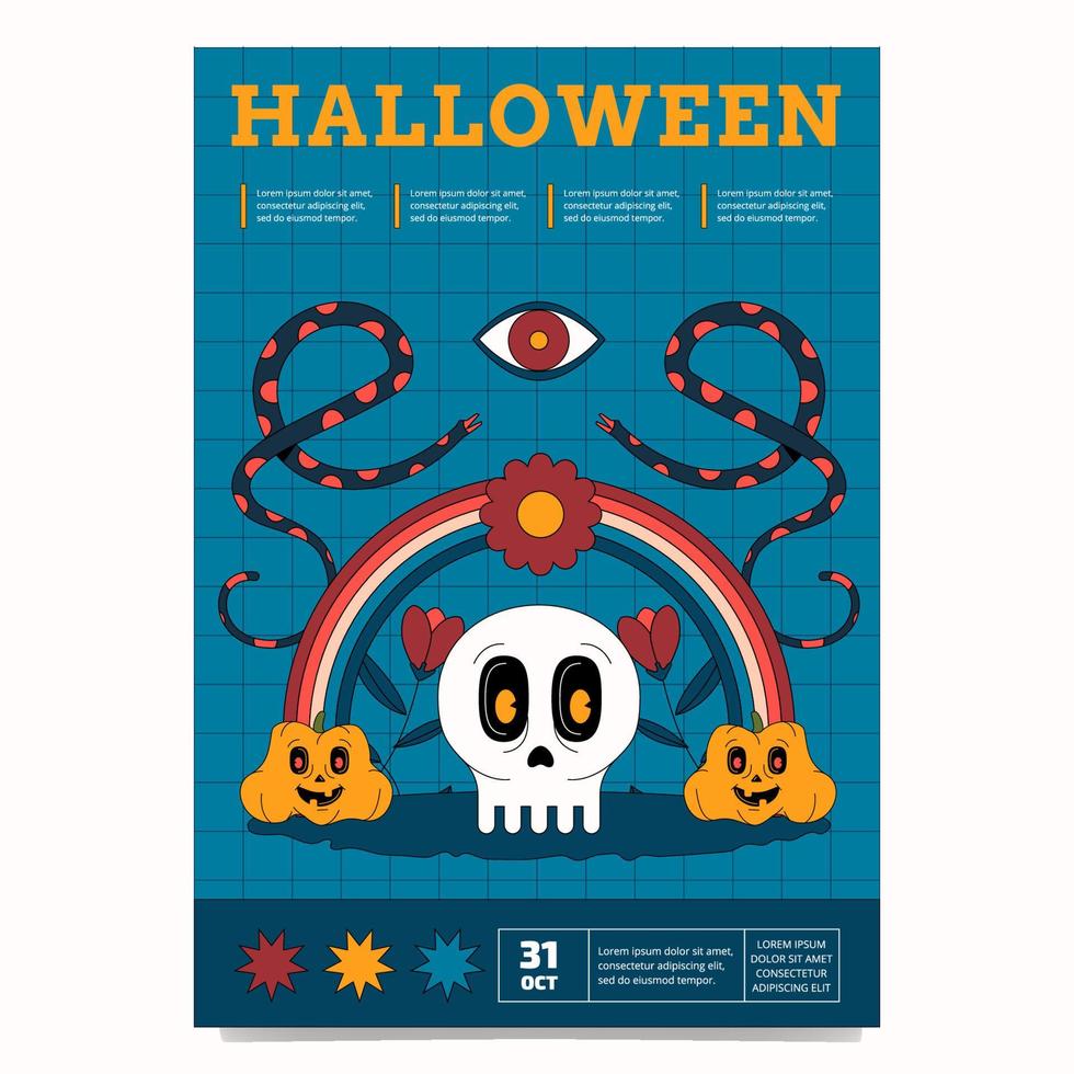 A trendy outlined placard template for a Halloween party. Design with skull, rainbow, pumpkins, snakes and eye. vector