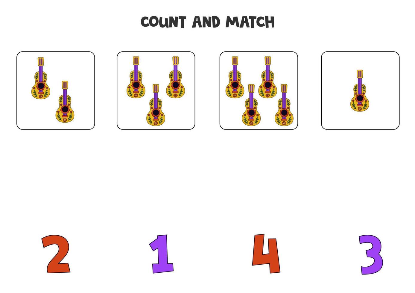 Counting game for kids. Count all guitars and match with numbers. Worksheet for children. vector