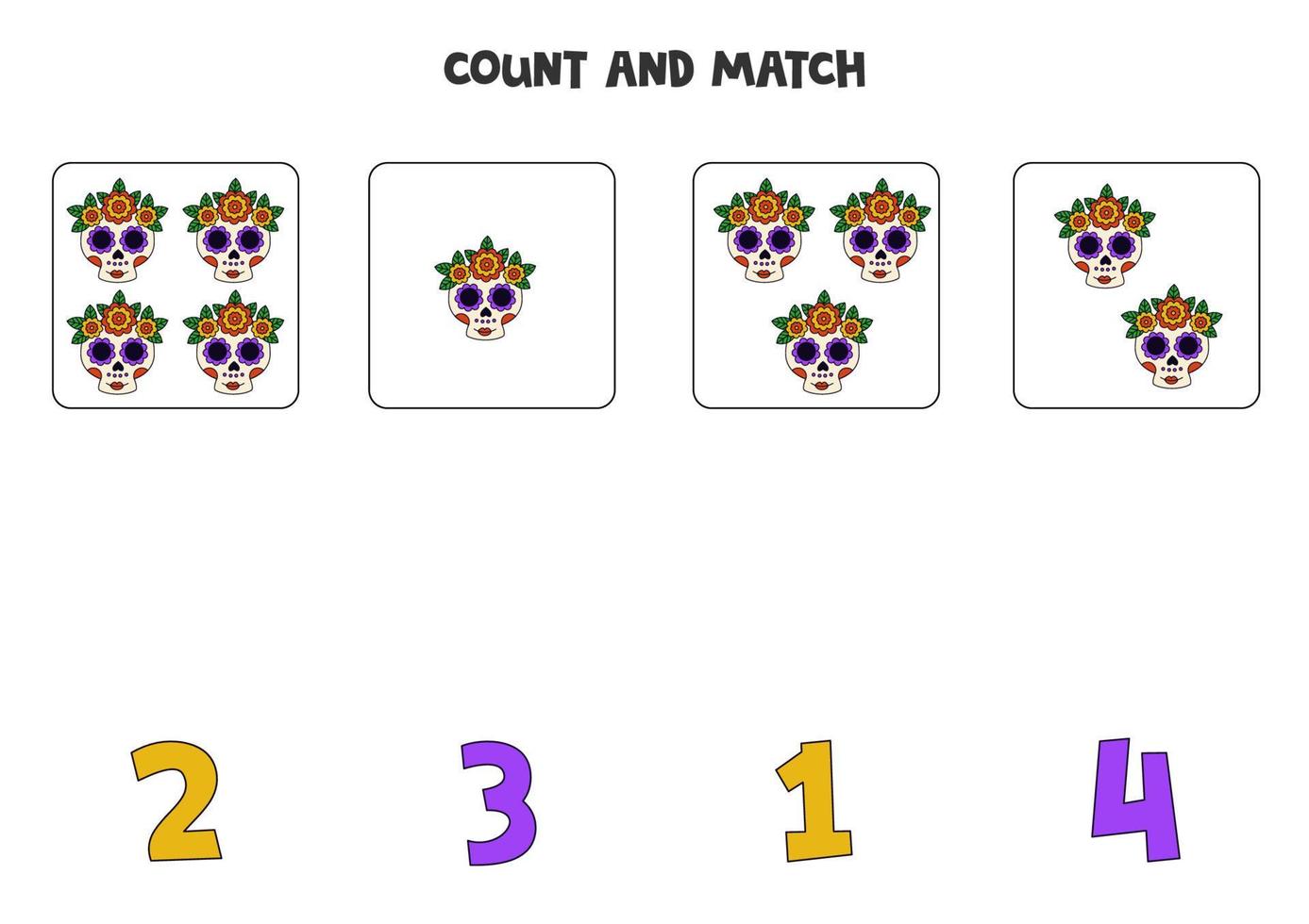 Counting game for kids. Count all skulls and match with numbers. Worksheet for children. vector