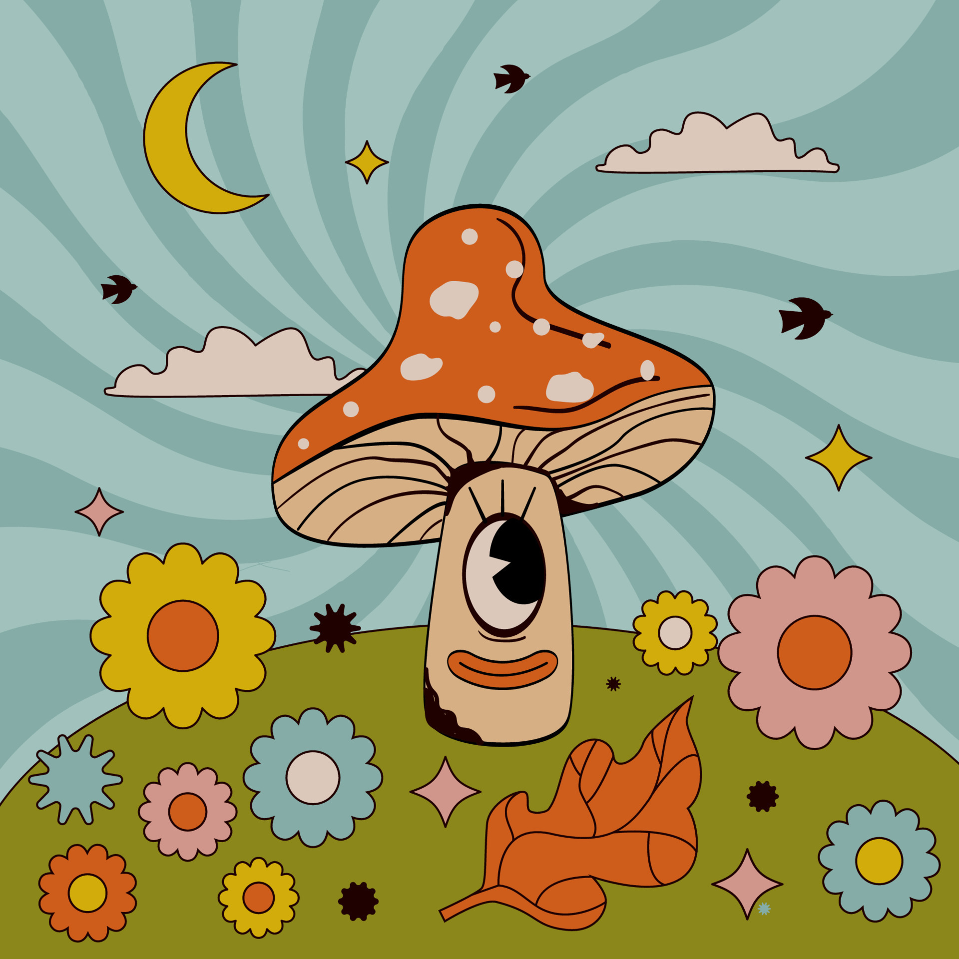 Trippy retro illustration with mushroom with eye and lips, daisy, moon