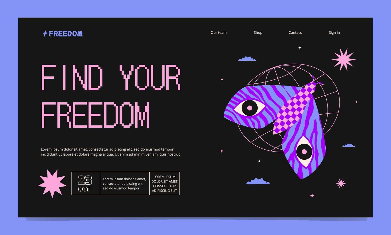 A modern futuristic web template with a flying moth on the background of a grid. Minimalistic landing page. vector