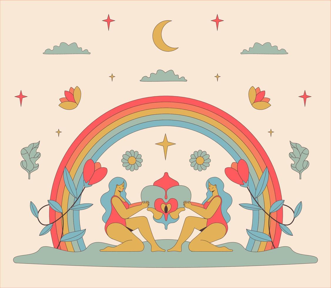 ilustración mística con mujeres, flores, arco iris y luna creciente en estilo maravilloso. vector