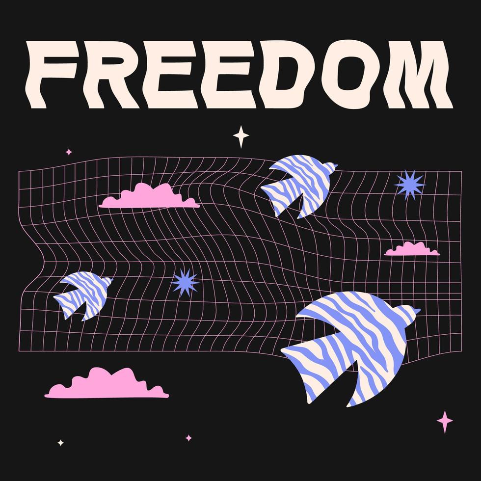 Abstract collage with birds, grid, stars and clouds. Curved inscription freedom. vector