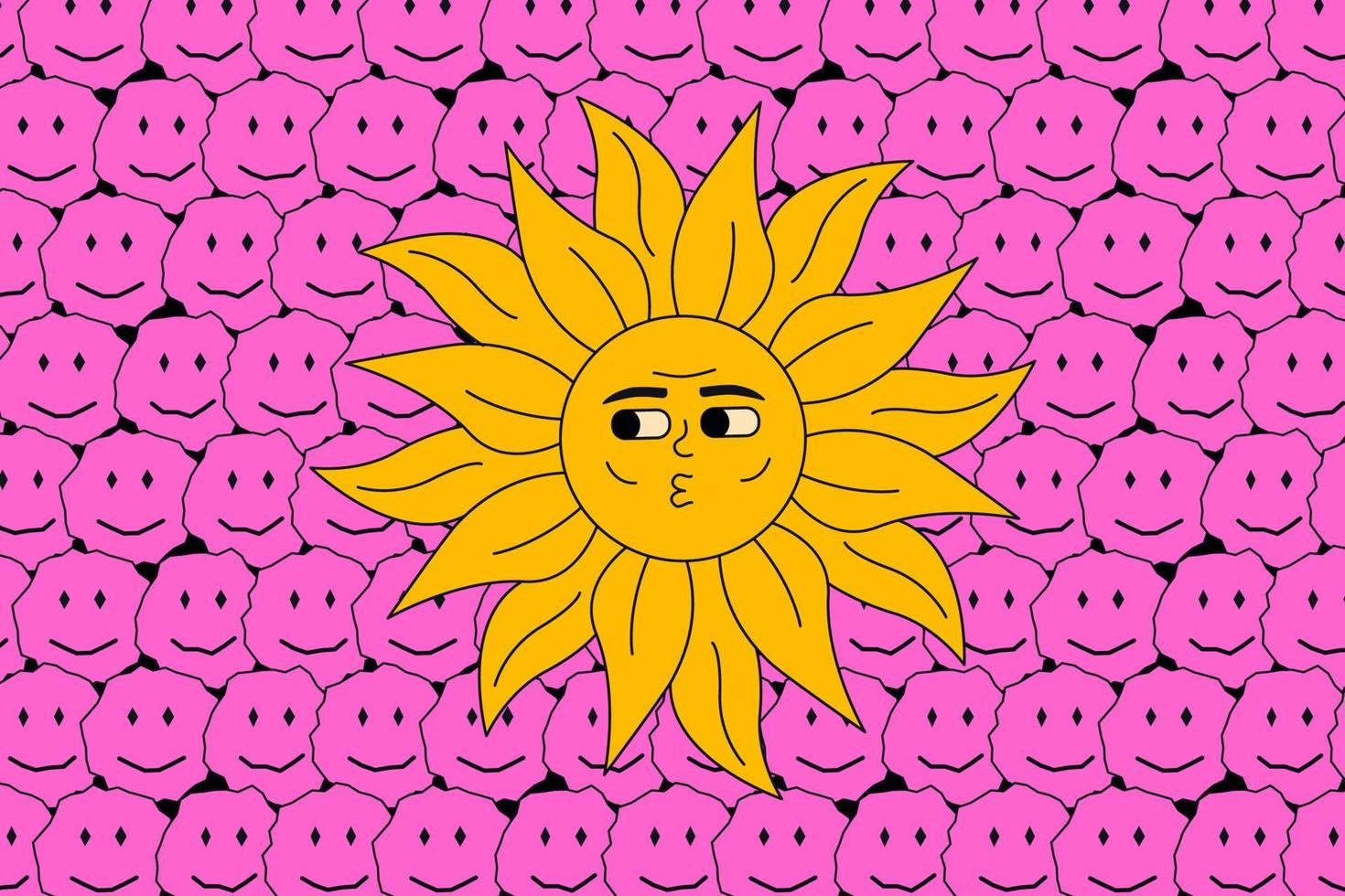 Acid sun on the background of bright smiling emojis. Positive hippie print. vector