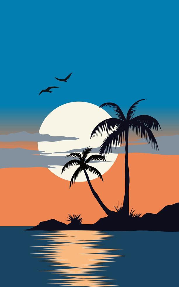 puesta de sol en la isla con árboles en silueta. vector