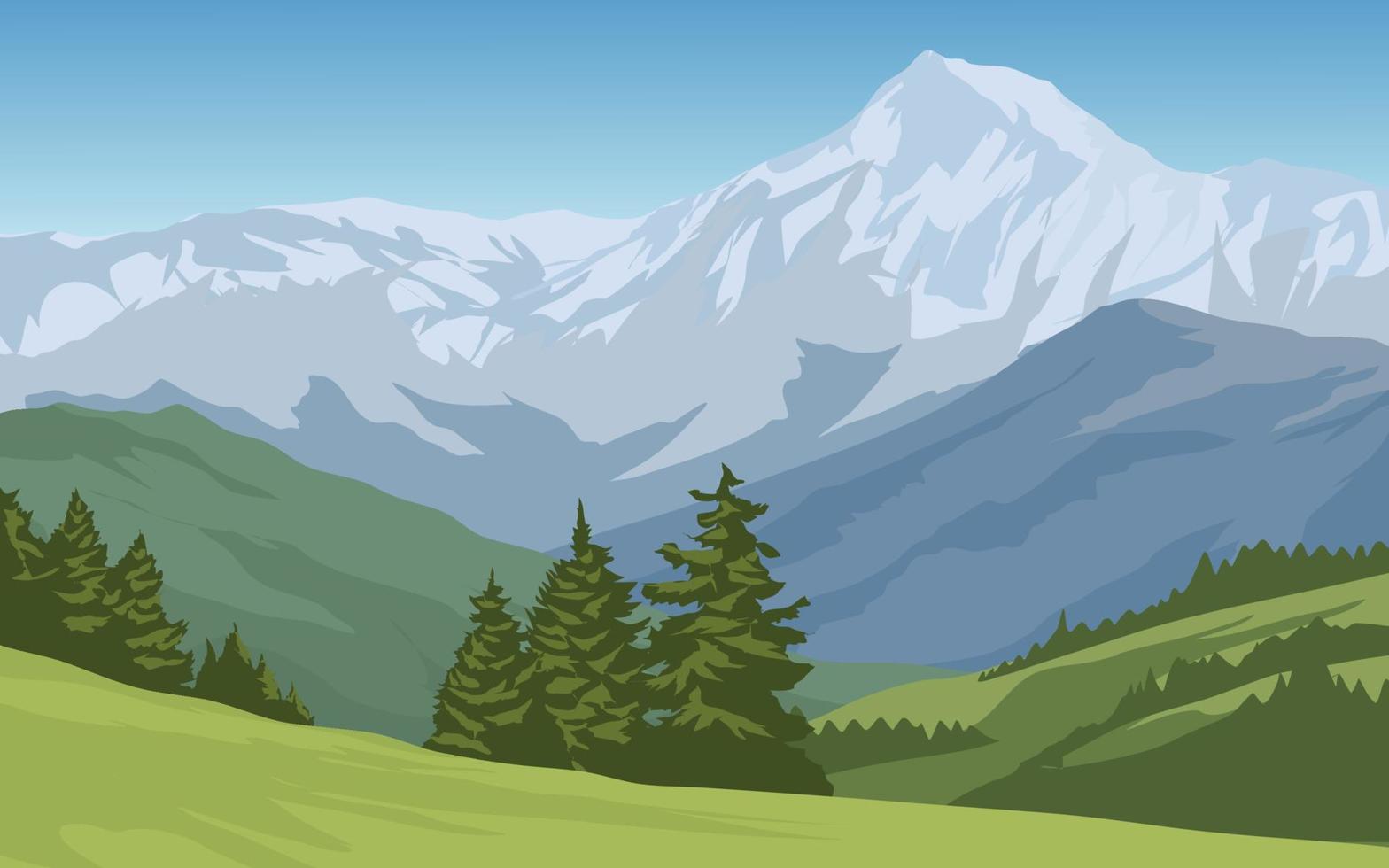 Beautiful snow-capped mountain landscape with pine trees and meadow vector