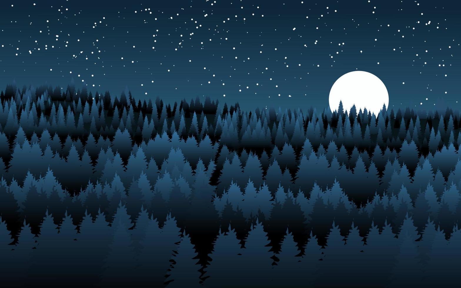 Abstract night scenery with pine pine forest, moon and stars ...