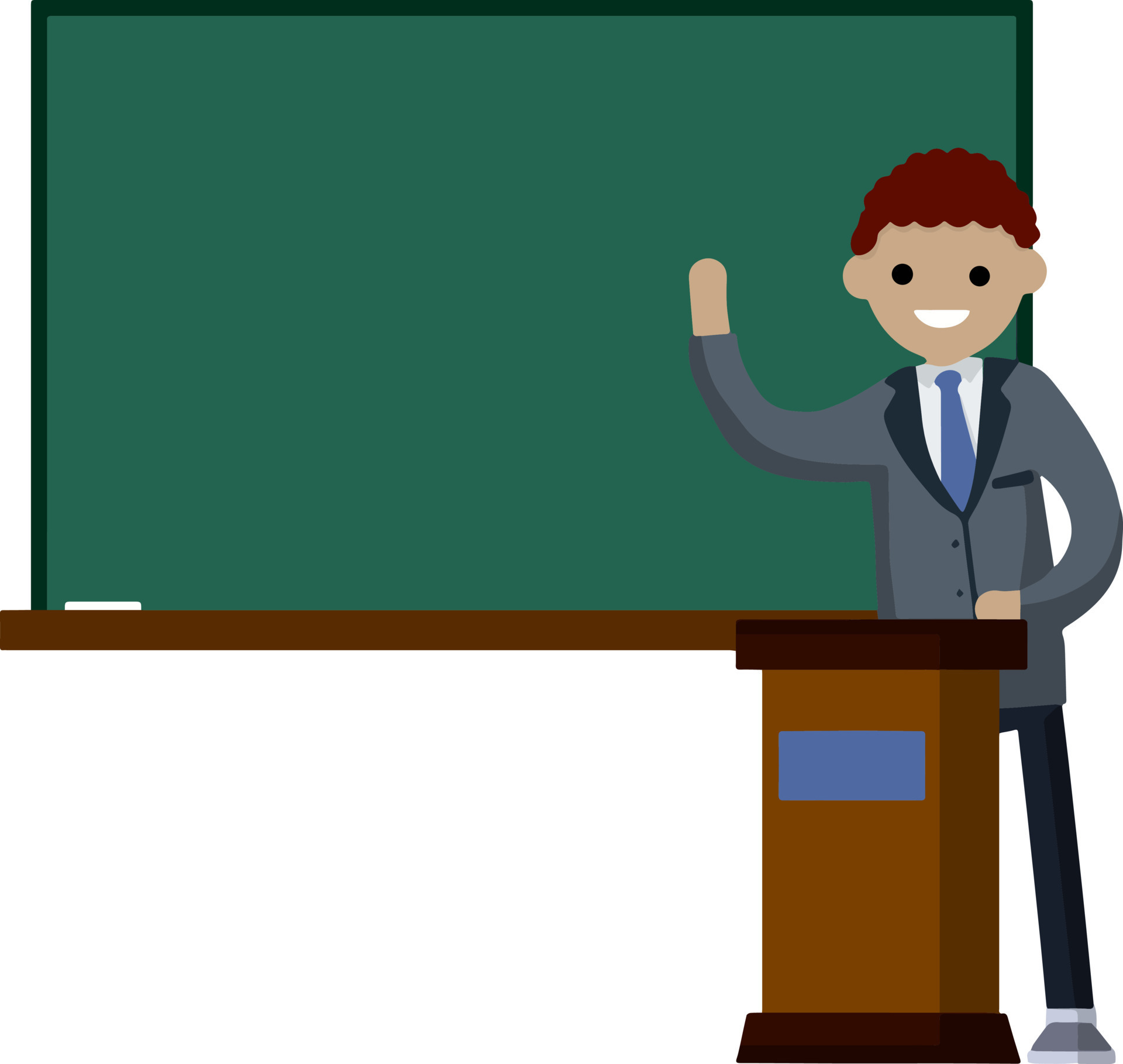 School teacher stands near blackboard. Lecturer in College in classroom