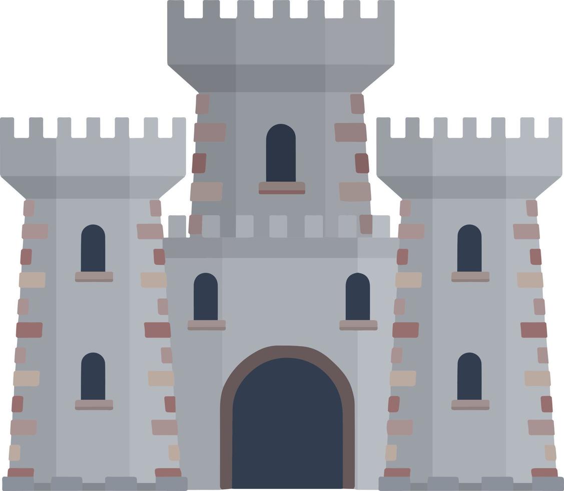 castillo de piedra europeo medieval. fortaleza del caballero. concepto de seguridad, protección y defensa. ilustración plana de dibujos animados. edificio militar con murallas, puertas y gran torre. vector