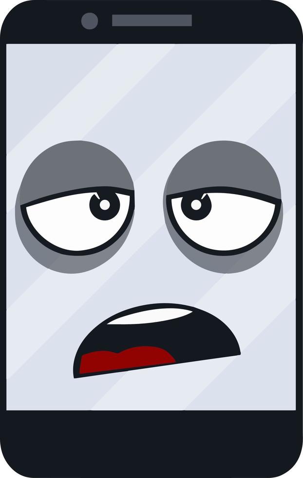 Mobile phone with sad face on screen. Broken smartphone. problem with technique. Cartoon flat illustration. Shocked and surprised, eyes and mouth. Emotions on the monitor. vector