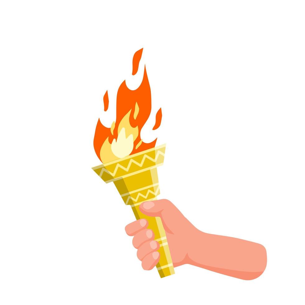 mano que sostiene la antorcha. símbolo de la llama olímpica y los deportes. educación e iluminación. ilustración de dibujos animados plana vector