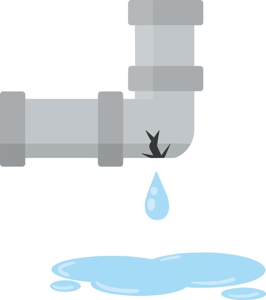 Mechanical part. Kitchen tube. Home communication system. Cartoon flat illustration. Water leak, spill and blue drops. Broken part. vector