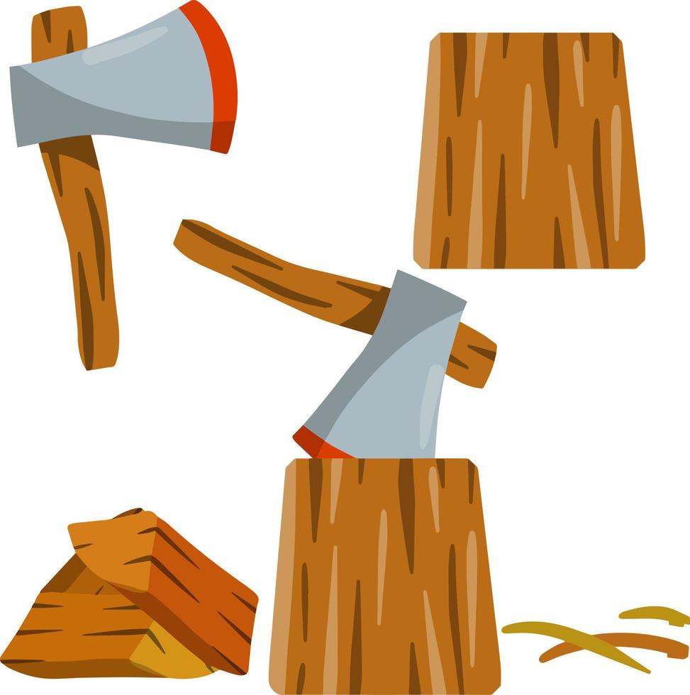 Chopping. Logger axe and log. Timber harvesting. Fuel wood. Lumberjack and woodcutter element. Set of tools. Cartoon flat illustration vector