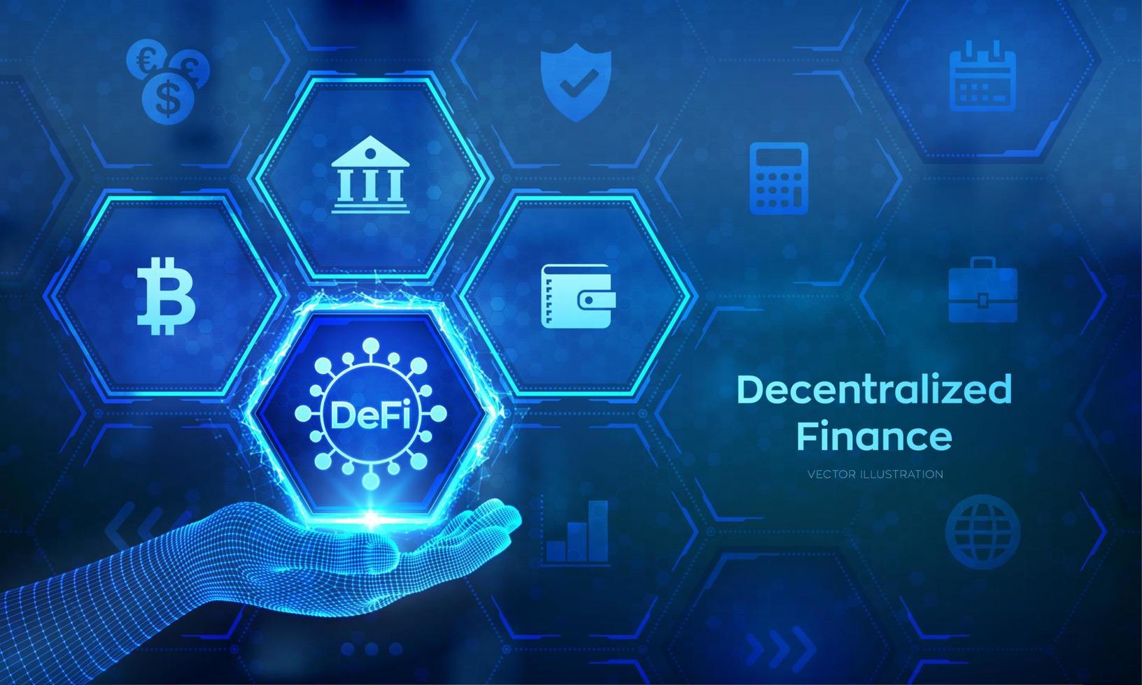 DeFi. Decentralized Finance. Blockchain, decentralized financial system. Business technology concept concept in wireframe hand. Vector illustration.