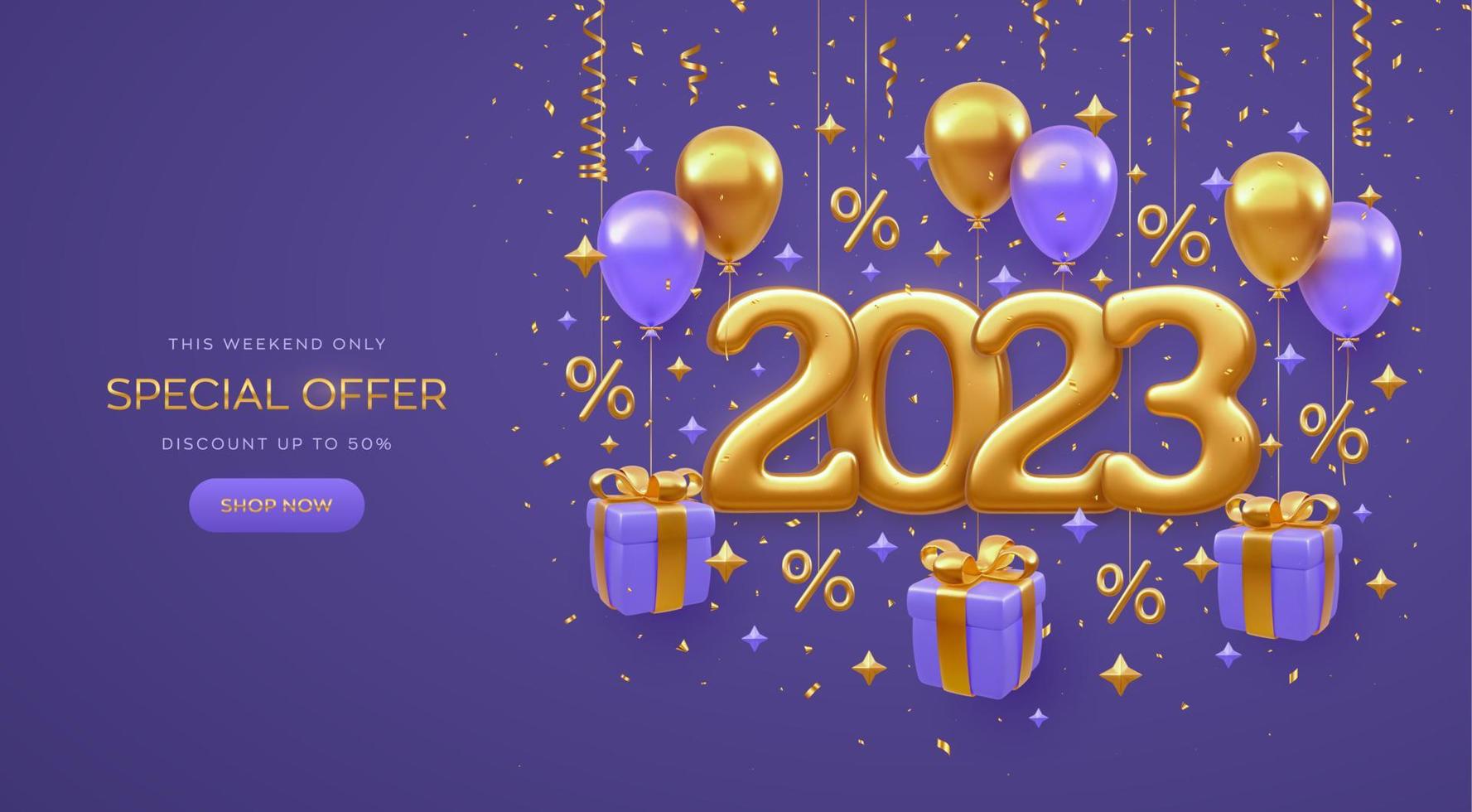 Christmas sale design banner. Happy New 2023 Year. Gold metallic numbers 2023 with shopping bag, price tag, gift box with golden bow, fly helium balloons on purple background. Vector illustration.