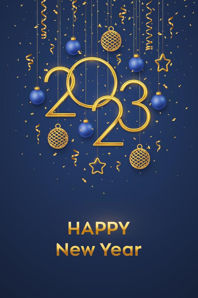 Happy New 2023 Year. Hanging Golden metallic numbers 2023 with shining 3D metallic stars, balls and confetti on blue background. New Year greeting card, banner template. Realistic Vector illustration.