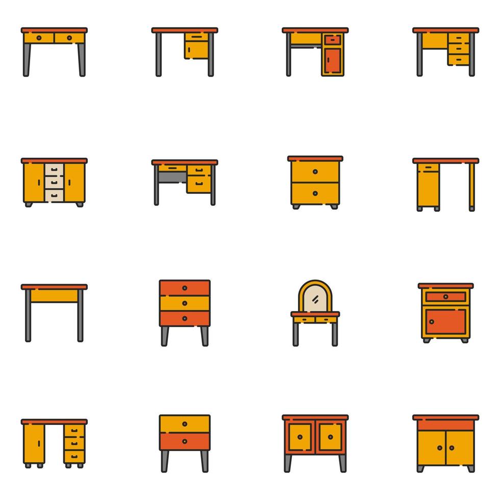 Desk Filled Line Icon Set Vector