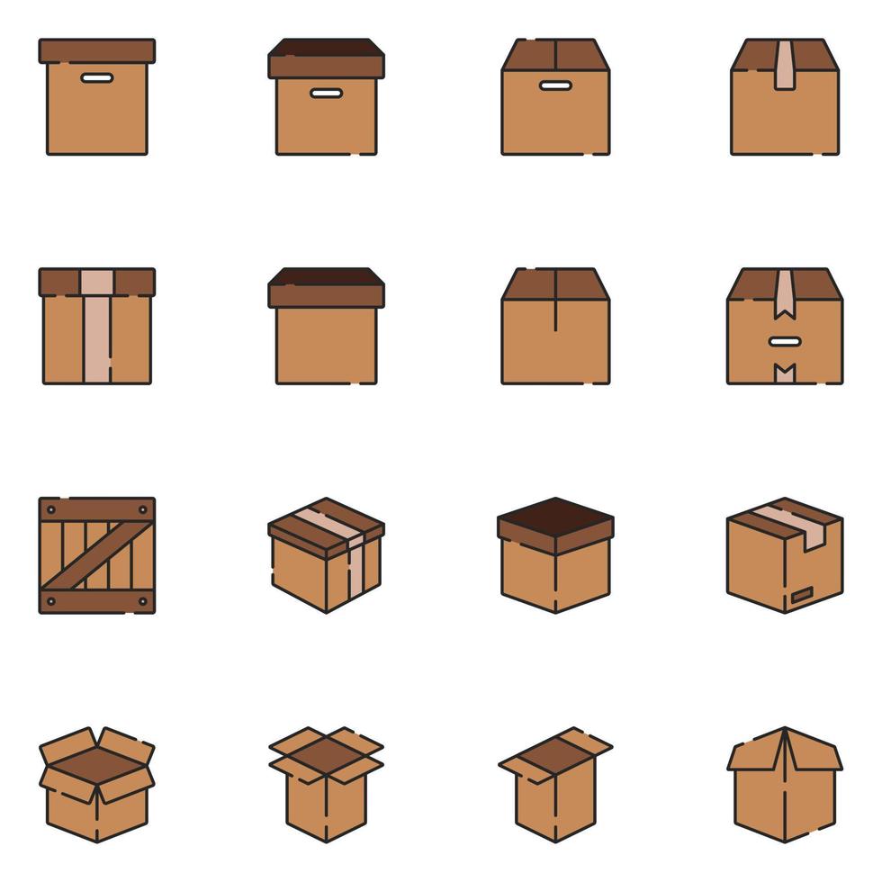 conjunto de iconos de línea llena de caja y embalaje vector