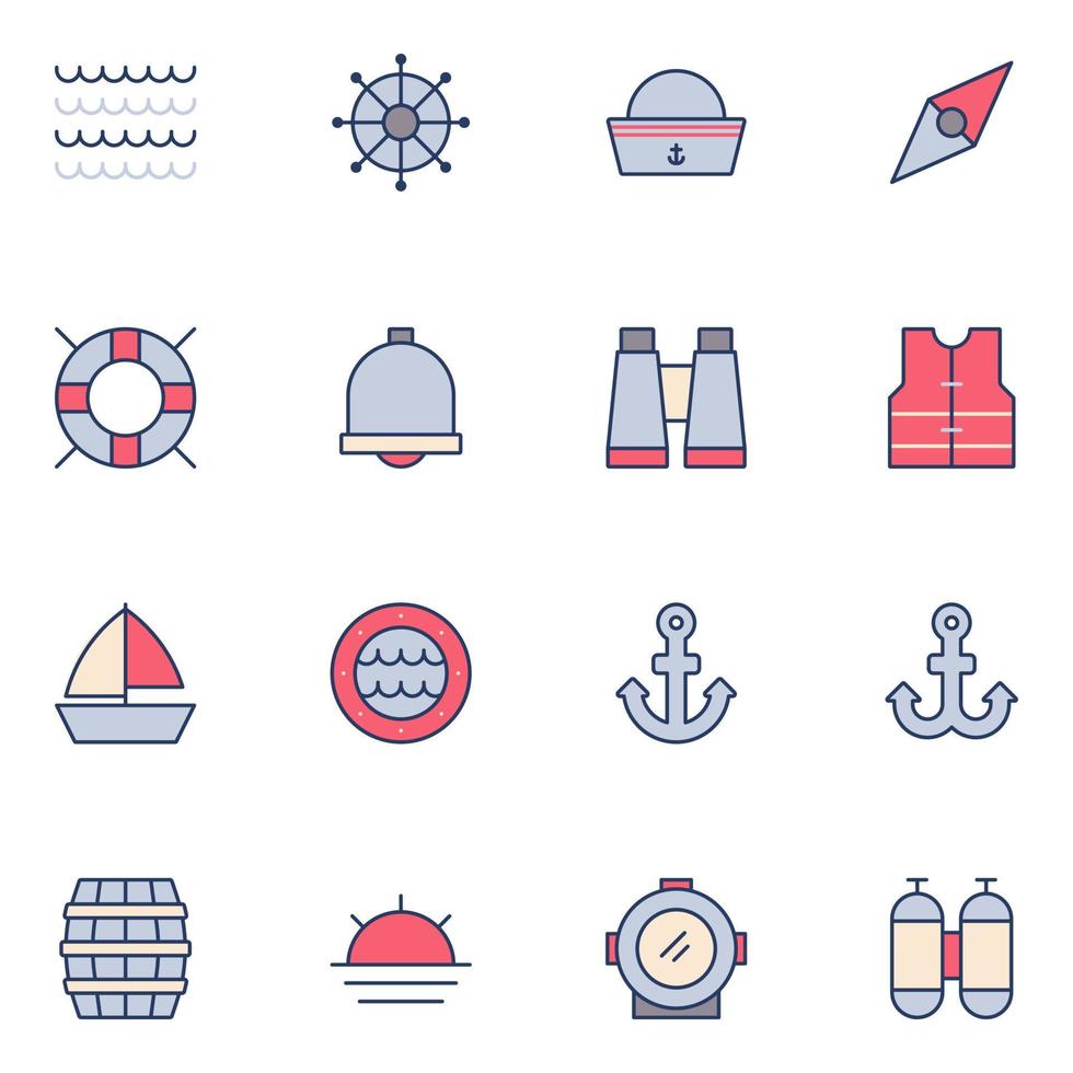 Nautical Filled Line Icon Set Vector