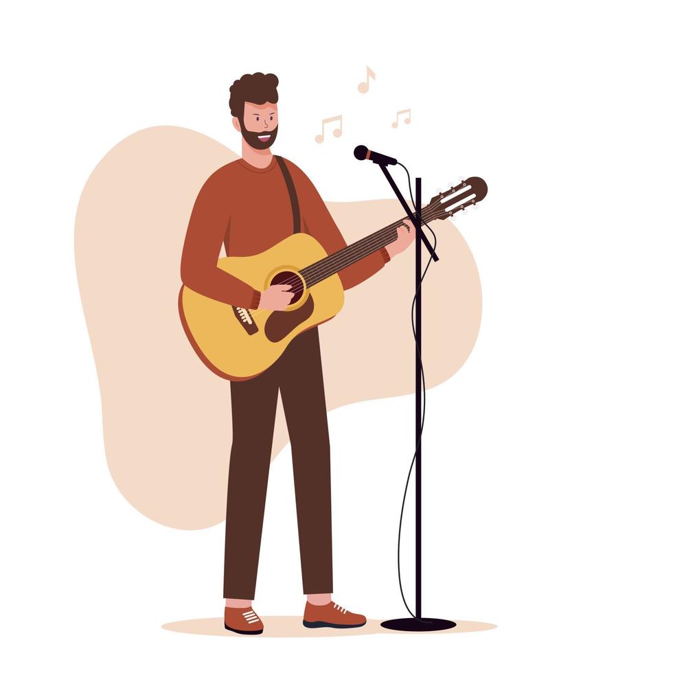 Men guitar player with microphone singing song vector