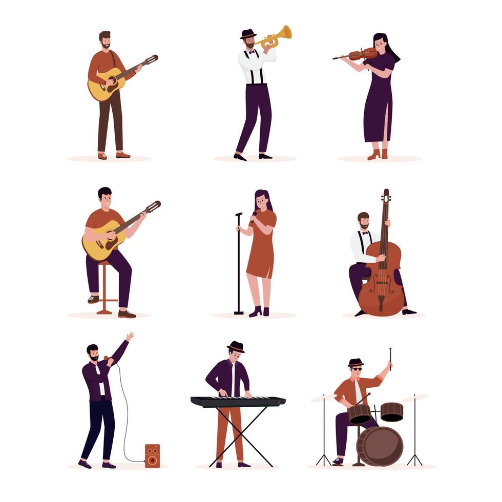 Flat design of artists playing music instruments illustrations set vector