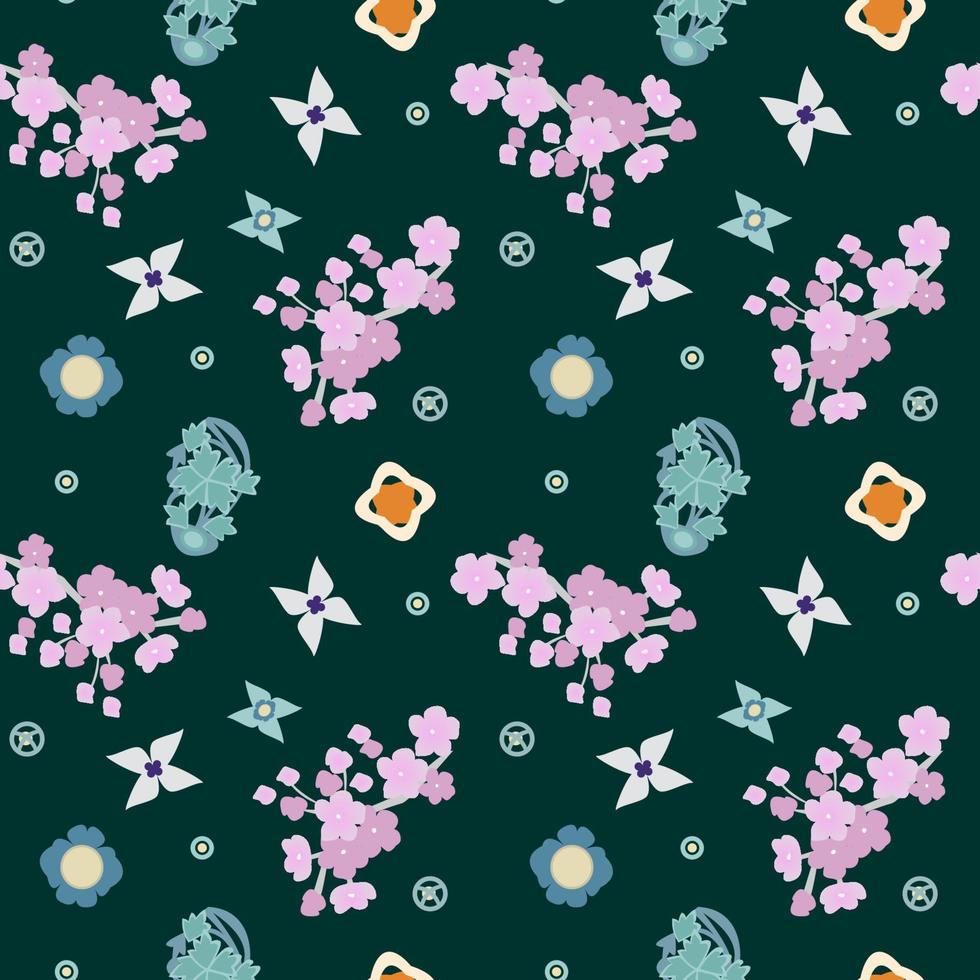 Blooming sakura seamless pattern. Japanese cherry blossom in Asian kawaii style for kimono, Korean hanbok, cheongsam dress, fabric, textile. vector