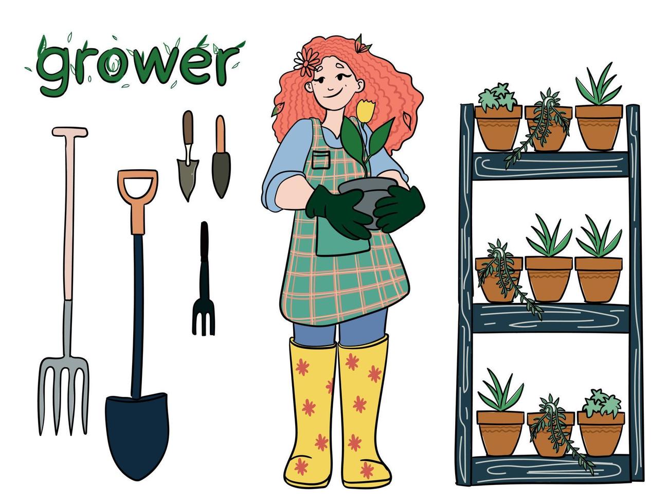 Girl gardener with a flower in a pot and tools for the garden. Isolated on white background. vector