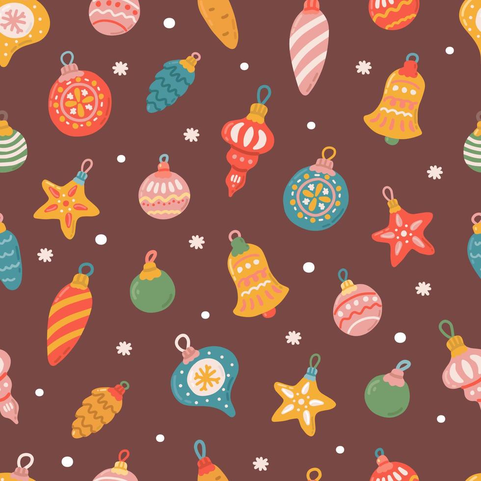 Colorful Christmas tree toys, vector seamless pattern in flat style