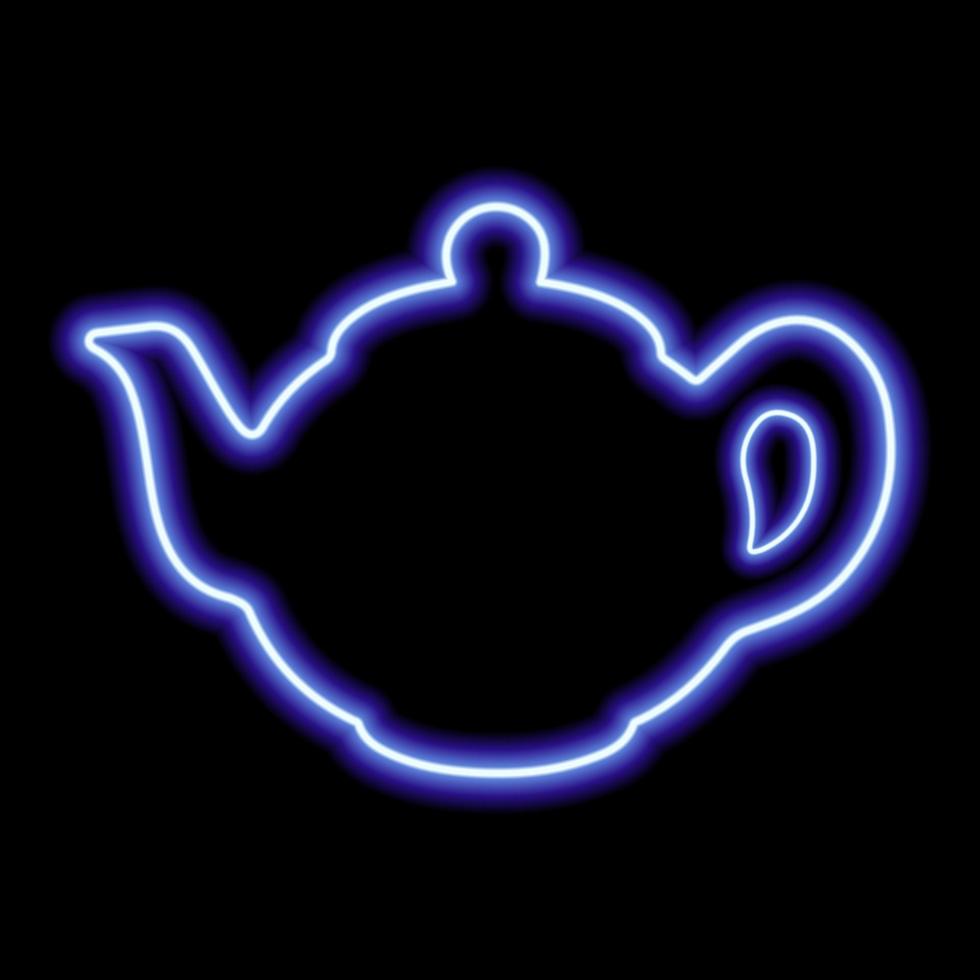 Blue neon contour of the teapot. Simple illustration on black background. One object vector