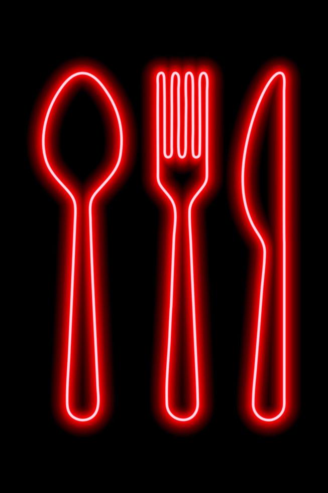 Neon red shapes of spoon, fork and table khife on a black background. Set of cutlery vector