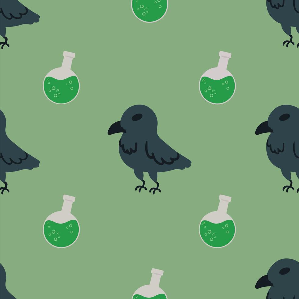 Seamless pattern for Halloween. Repeating crows and potion bottles. Vector illustration. Image isolated on colored background. Themed design element