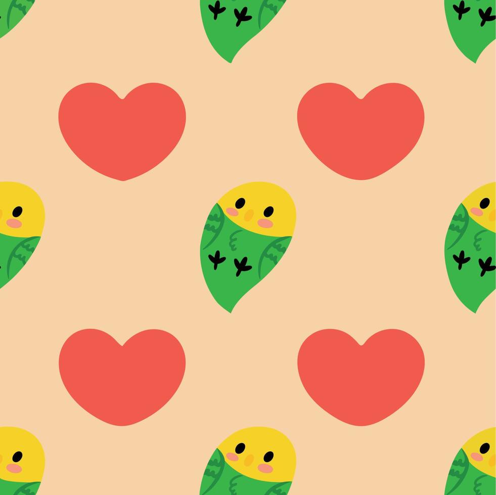 Cute pattern with parrots and hearts. Vector illustration isolated on color background. Design element for clothing accessories menu posters